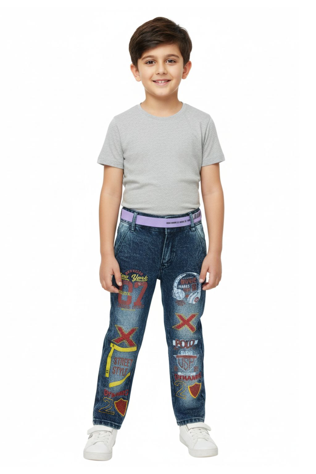 Boys Denim Jeans with Belt | Stylish Printed & Embroidered Casual Jeans for Boys
