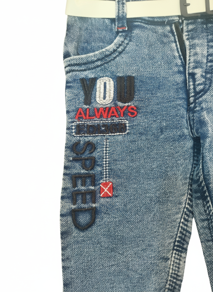 Stylish Boys Navy Blue Denim Jeans with Belt | Embroidered Casual Wear for Kids