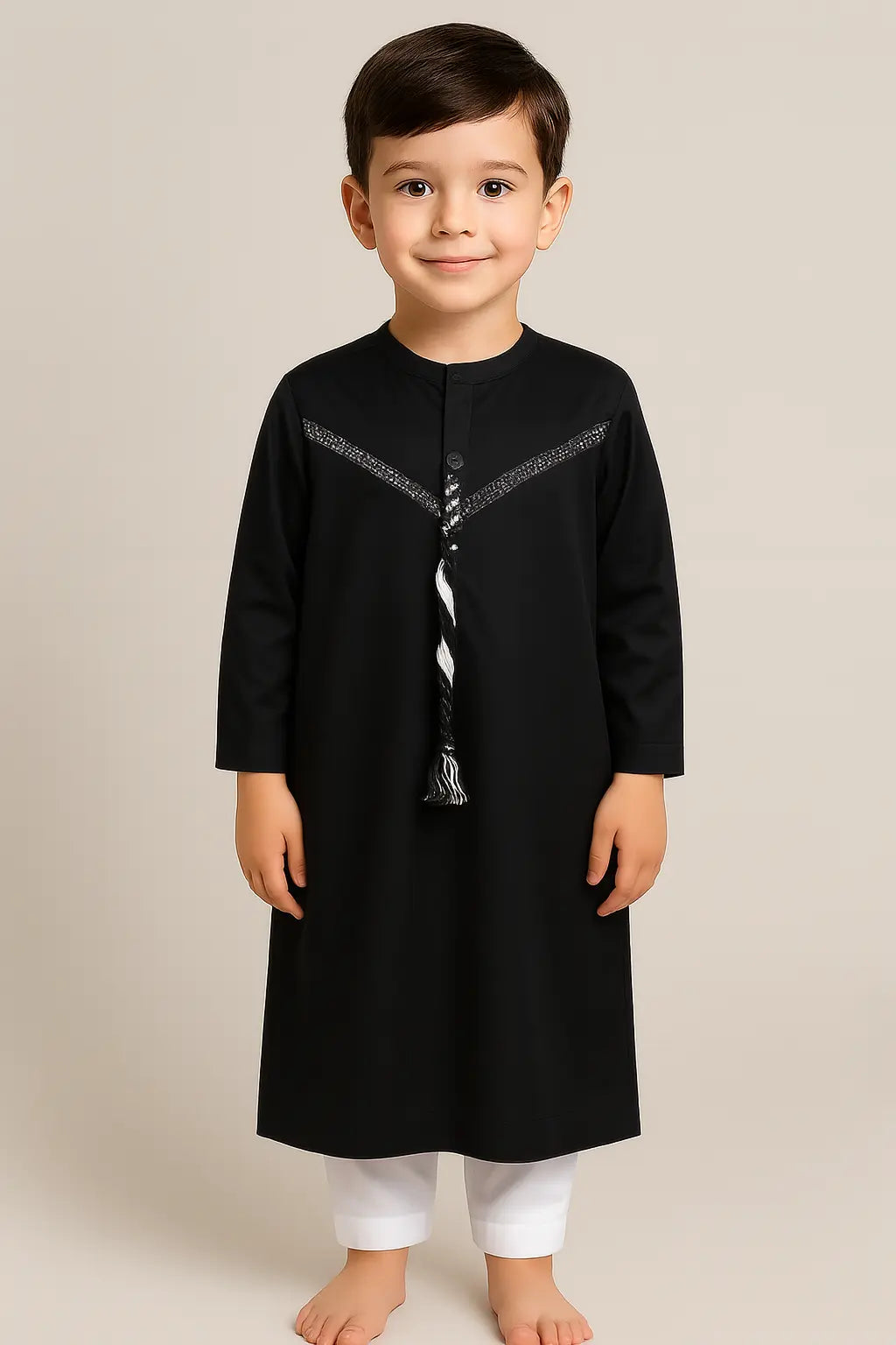 Black Kids Thobe with White Cotton Tassel | Premium Vietnam Fabric for Boys