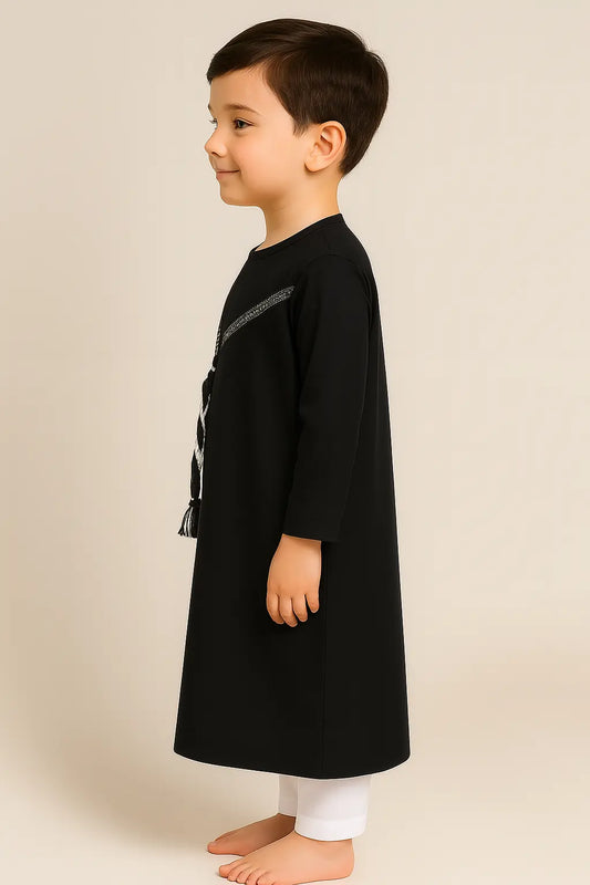 Black Kids Thobe with White Cotton Tassel | Premium Vietnam Fabric for Boys