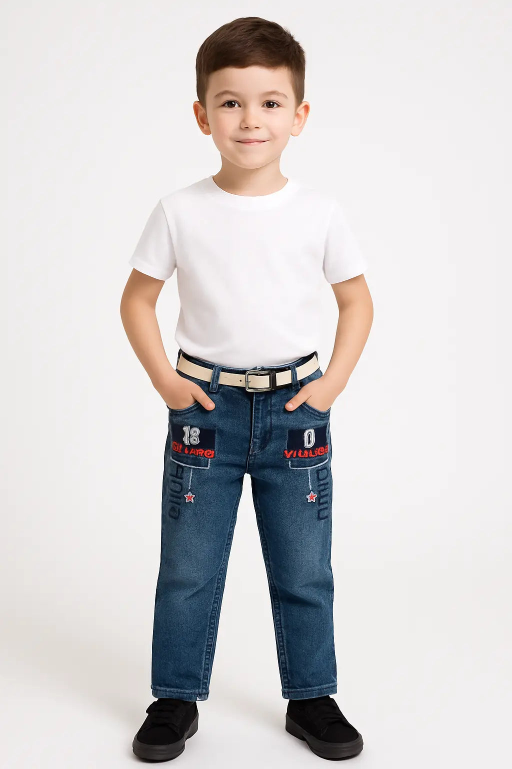Stylish Boys Navy Blue Denim Jeans with Belt | Embroidered Casual Wear for Kids