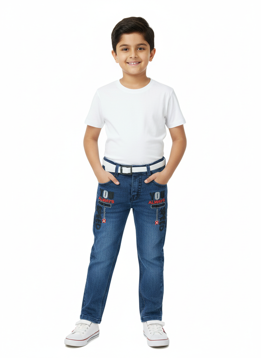 Boys Denim Jeans with Belt | Stylish Embroidered Casual Wear for Kids
