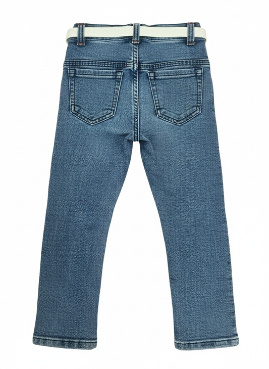 Stylish Boys Navy Blue Denim Jeans with Belt | Embroidered Casual Wear for Kids