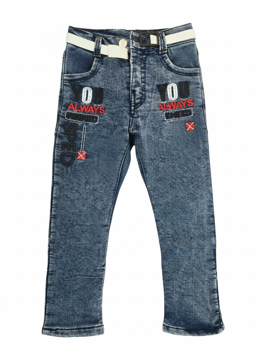 Stylish Boys Navy Blue Denim Jeans with Belt | Embroidered Casual Wear for Kids