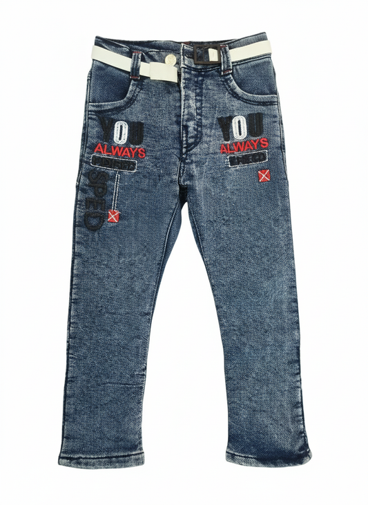 Stylish Boys Navy Blue Denim Jeans with Belt | Embroidered Casual Wear for Kids