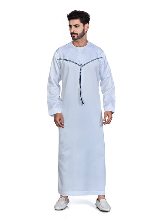 Isliba Men’s White Omani Thobe – Premium Vietnam Fabric Islamic Jubba with Tassels | Modest Wear for Eid & Daily Use - L56