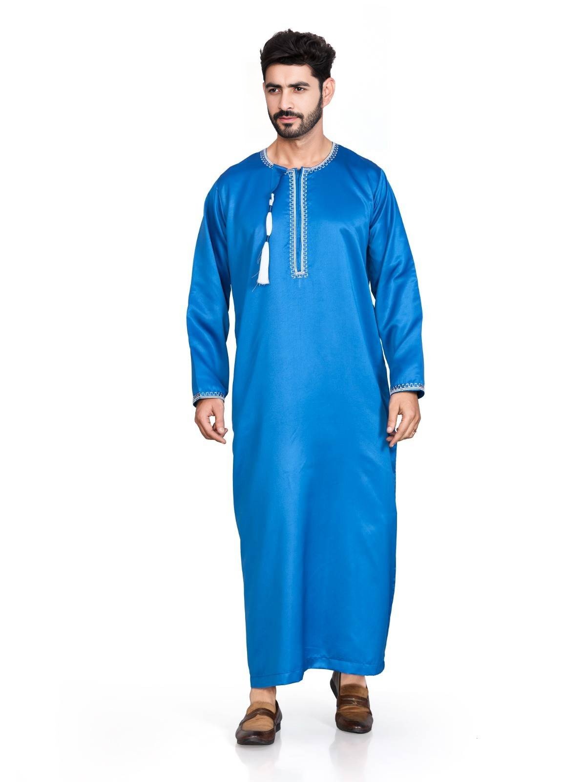 Premium Blue Omani Thobe for Men | Traditional Islamic Dishdasha with Tassels