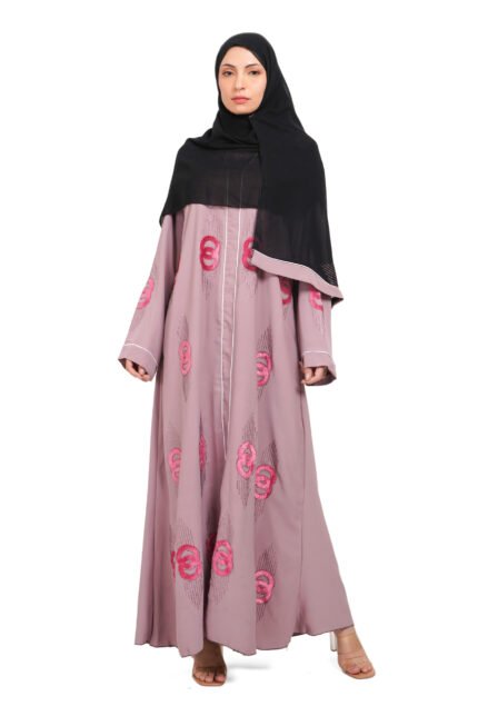 Stylish Mauve Abaya for Women – Premium Nida Fabric with Pink Embroidered Design