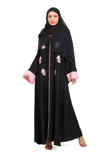 Elegant Black Burqa with Flower Embroidery & Flared Sleeves Tiktok febric