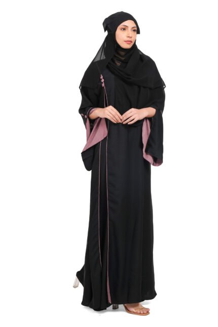 Elegant Black Imported Parada Fabric Burqa with Contrast Inner Sleeves – Stylish Islamic Abaya for Women