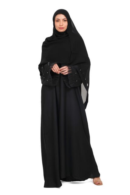Black Imported Nida Fabric Burqa with Elegant Embellished Sleeves – Modest and Stylish Abaya for Women