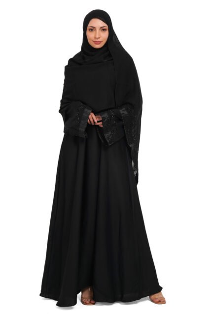 Elegant Black Nida Fabric Burqa with Embroidered Sleeves – Islamic Abaya for Women