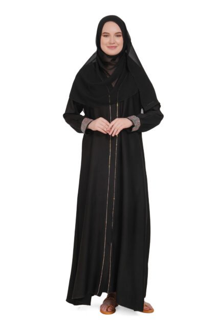 Stylish Open-Front Black Burqa in TikTok Fabric – Elegant Front-Open Abaya for Women