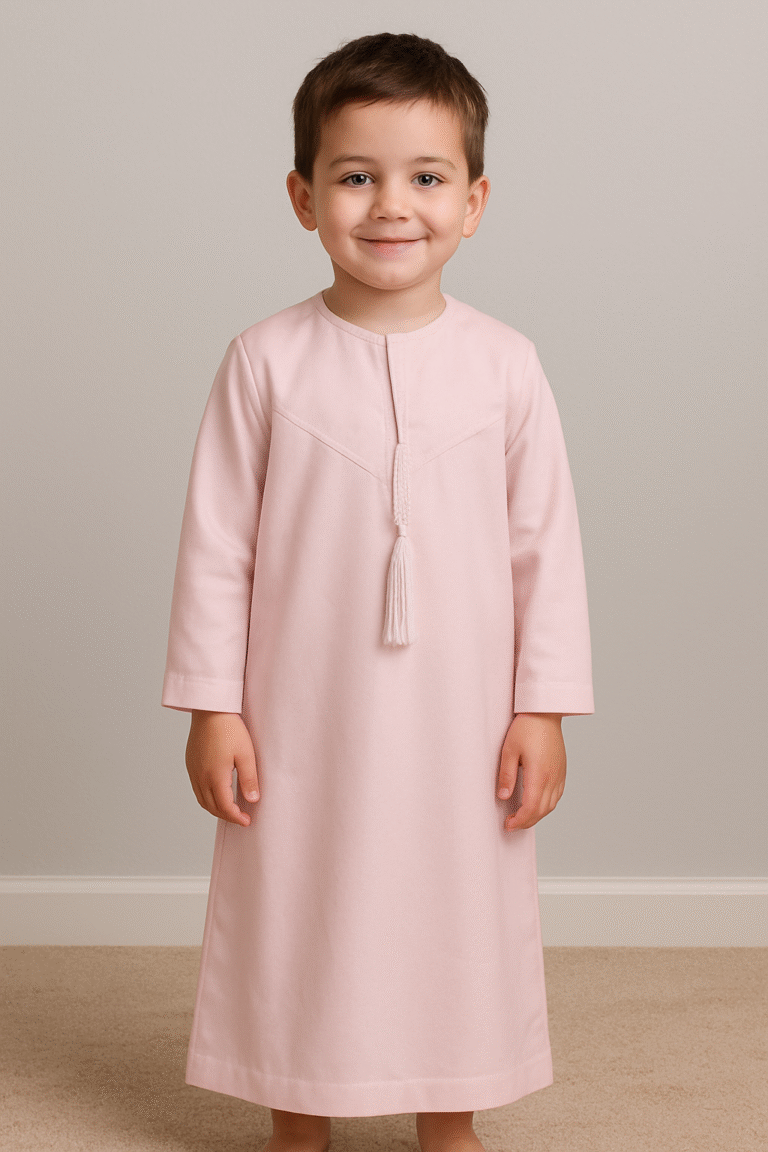Kids’ Pink Omani Polyester Thobe – Budget-Friendly Boys’ Dishdasha