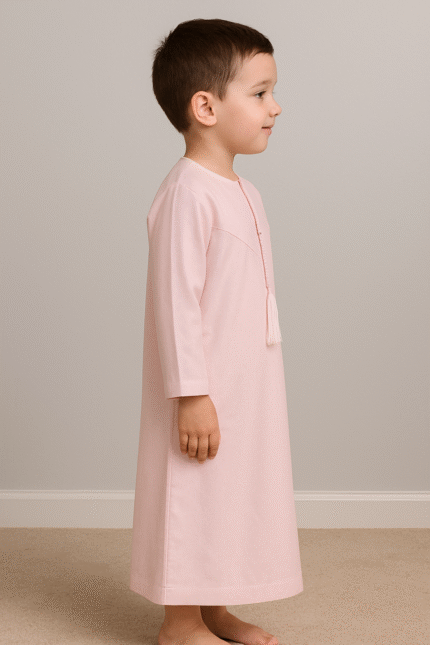 Kids’ Pink Omani Polyester Thobe – Budget-Friendly Boys’ Dishdasha