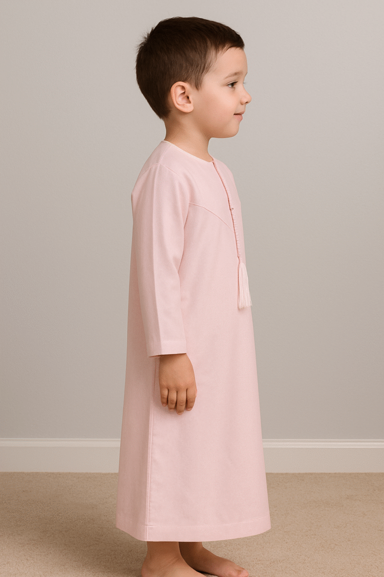 Kids’ Pink Omani Polyester Thobe – Budget-Friendly Boys’ Dishdasha