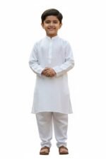 Luxury 100% Cotton Boys Kurta Set | Soft Cotton Kids Kurta Pajama | Mandarin Collar, Elastic Pajama | Festive (White)
