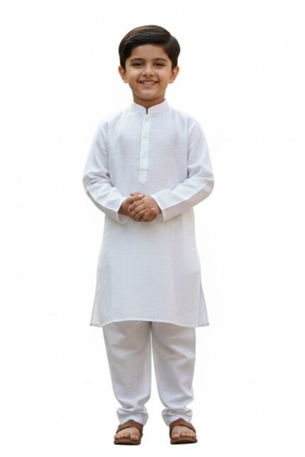 Luxury 100% Cotton Boys Kurta Set | Soft Cotton Kids Kurta Pajama | Mandarin Collar, Elastic Pajama | Festive (White)