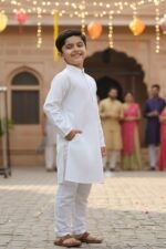 Luxury  Cotton Boys Kurta Set | Soft Cotton Kids Kurta Pajama | Mandarin Collar, Elastic Pajama | Festive (White) - Image 2