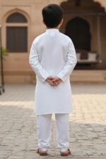 Luxury  Cotton Boys Kurta Set | Soft Cotton Kids Kurta Pajama | Mandarin Collar, Elastic Pajama | Festive (White) - Image 3