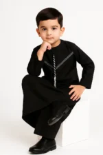 Kids Black Thobe with wight Embroidery | Omani Style Full Sleeve Jubba | Premium Lightweight & Breathable Fabric | Regular Fit Traditional Dress for Boys - Image 2