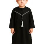 Kids Black Thobe with wight Embroidery | Omani Style Full Sleeve Jubba | Premium Lightweight & Breathable Fabric | Regular Fit Traditional Dress for Boys