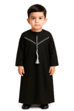 Kids Black Thobe with wight Embroidery | Omani Style Full Sleeve Jubba | Premium Lightweight & Breathable Fabric | Regular Fit Traditional Dress for Boys