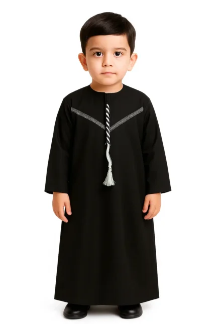 Kids Black Thobe with wight Embroidery | Omani Style Full Sleeve Jubba | Premium Lightweight & Breathable Fabric | Regular Fit Traditional Dress for Boys