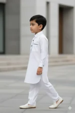 Boys White Pathani Suit | Premium Giza Cotton Hand-Stitched Kurta with Black Piping | Comfortable & Stylish Wear - Image 3