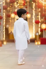 Boys White Pathani Suit | Premium Giza Cotton Hand-Stitched Kurta with Black Piping | Comfortable & Stylish Wear - Image 4