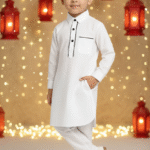 Boys White Pathani Suit | Premium Giza Cotton Hand-Stitched Kurta with Black Piping | Comfortable & Stylish Wear
