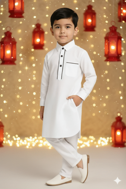 Boys White Pathani Suit | Premium Giza Cotton Hand-Stitched Kurta with Black Piping | Comfortable & Stylish Wear