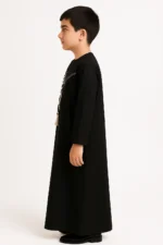 Kids Black Thobe with wight Embroidery | Omani Style Full Sleeve Jubba | Premium Lightweight & Breathable Fabric | Regular Fit Traditional Dress for Boys - Image 3