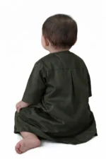Omani Jubba for Baby Boys & Kids (6 Months – 6 Years) | Premium Cotton Polyester Blend Shiny Fabric | Lightweight Arabic Thobe for Kids | Best for Eid, Ramadan Dark Olive Color - Image 3