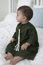 Omani Jubba for Baby Boys & Kids (6 Months – 6 Years) | Premium Cotton Polyester Blend Shiny Fabric | Lightweight Arabic Thobe for Kids | Best for Eid, Ramadan Dark Olive Color - Image 2