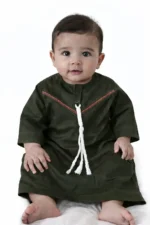 Omani Jubba for Baby Boys & Kids (6 Months – 6 Years) | Premium Cotton Polyester Blend Shiny Fabric | Lightweight Arabic Thobe for Kids | Best for Eid, Ramadan Dark Olive Color