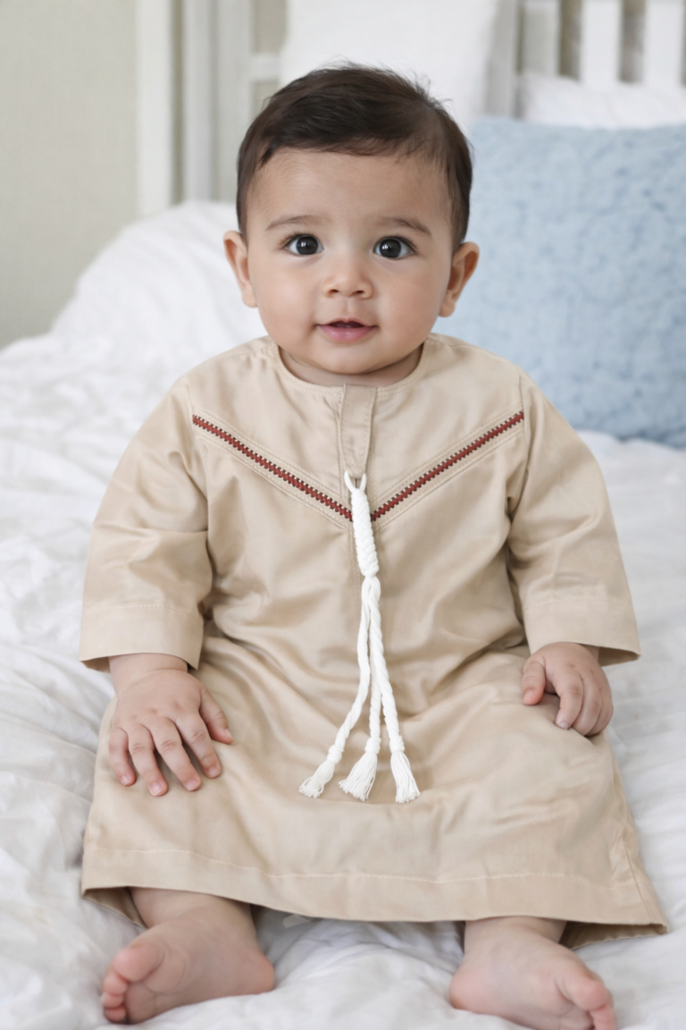 Baby Boy Cotton Jubba Thobe | Arabic Jubba for kids Boy | Arab Sheikh Dress for Baby Boy | Eid & Ramadan Dress for Kids Light beige