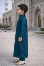 Premium Saudi Thobe for Boys – Dark Teal Kids Jubba | Arabian Islamic Wear | Eid & Wedding Thobe for Boy - Image 4