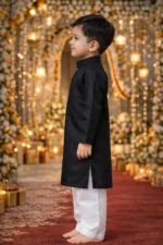 Kids Black Kurta Pajama Set | Pure Cotton Traditional Kurta for Boys | Festive & Wedding Wear Boys Kurta Set - Image 3