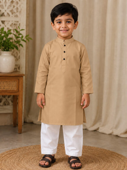 Camel Kurta for Boys | Giza Cotton Mix Kurta for Kids | Cotton Blend Ethnic Wear