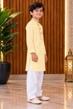 Light Yellow Embroidered Kurta Pajama for Boys | Wedding Wear Ethnic Outfit for Kids | Traditional Kurta Set for Wedding & Festive Occasions - Image 2