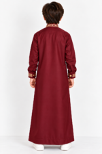 Isliba Maroon Embroidered Thobe for Boys | Golden Embroidery Islamic Jubba for Kids | Full Sleeve Traditional Arabic Dress