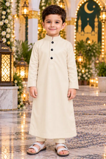 Isliba Cream Thobe for Boys | Full Sleeve Islamic Jubba for Kids | Traditional Muslim Wear for Eid & Ramadan