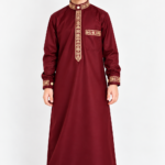 Isliba Maroon Embroidered Thobe for Boys | Golden Embroidery Islamic Jubba for Kids | Full Sleeve Traditional Arabic Dress