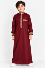 Isliba Maroon Embroidered Thobe for Boys | Golden Embroidery Islamic Jubba for Kids | Full Sleeve Traditional Arabic Dress