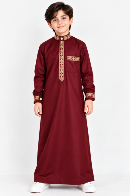 Isliba Maroon Embroidered Thobe for Boys | Golden Embroidery Islamic Jubba for Kids | Full Sleeve Traditional Arabic Dress