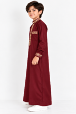 Isliba Maroon Embroidered Thobe for Boys | Golden Embroidery Islamic Jubba for Kids | Full Sleeve Traditional Arabic Dress