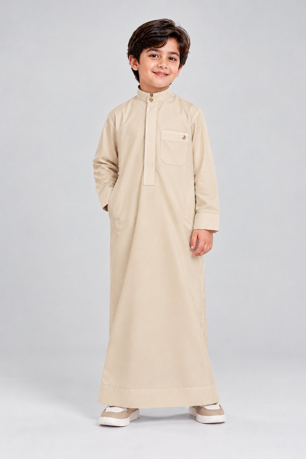 Isliba Beige Thobe for Boys | Full Sleeve Islamic Jubba for Kids