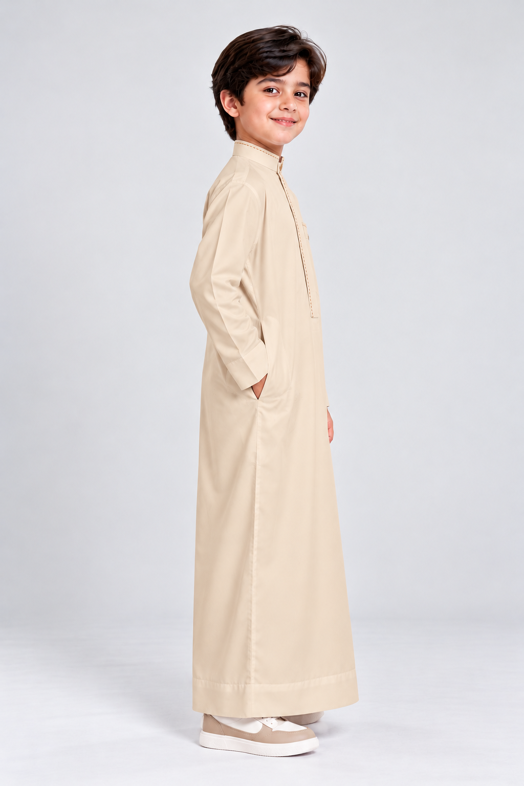 Isliba Beige Thobe for Boys | Full Sleeve Islamic Jubba for Kids