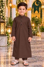 Isliba Brown Thobe for Boys | Full Sleeve Islamic Jubba for Kids | Traditional Muslim Wear for Eid & Ramadan